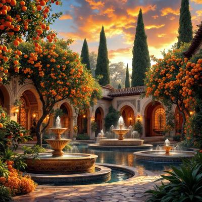 The primary subject of the image is a beautiful garden with a fountain, surrounded by orange trees. The setting is a courtyard with a pool, and the visual style is a painting. The colors and mood of the image are warm and inviting, with the vibrant orange trees and the soothing sound of the fountain creating a serene atmosphere.